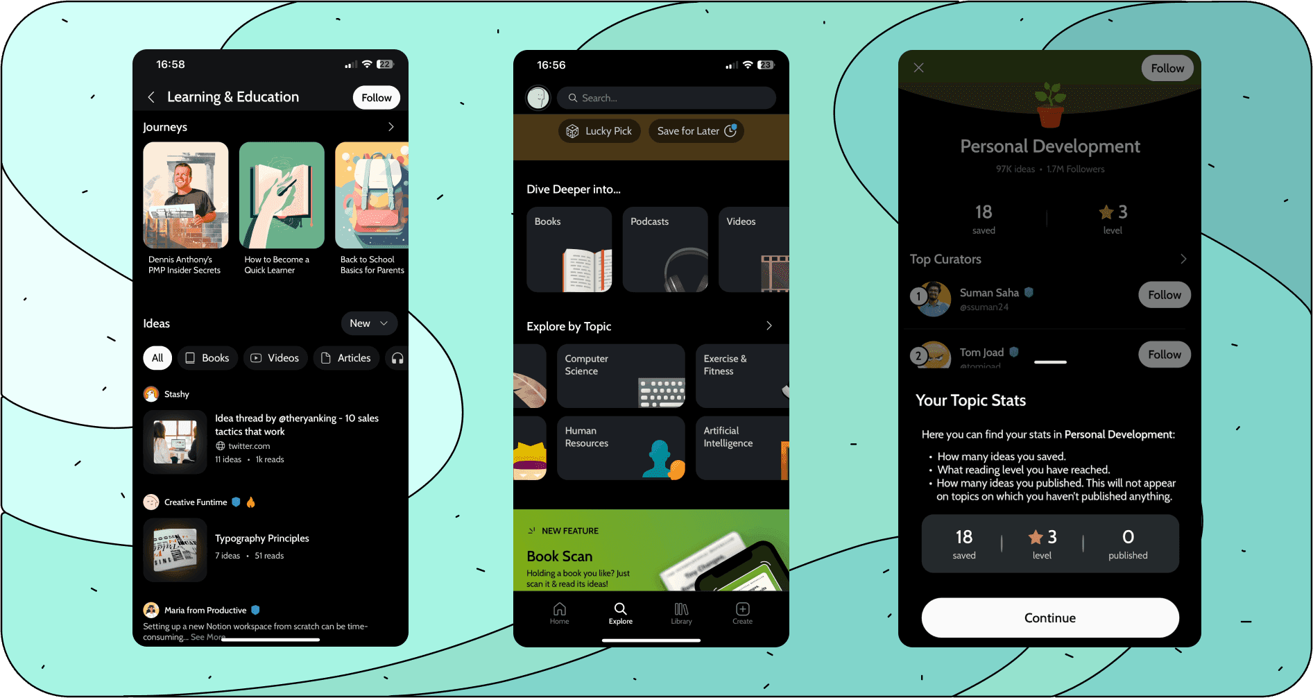 Deepstash's app screens featuring elements of a gamified learning platform